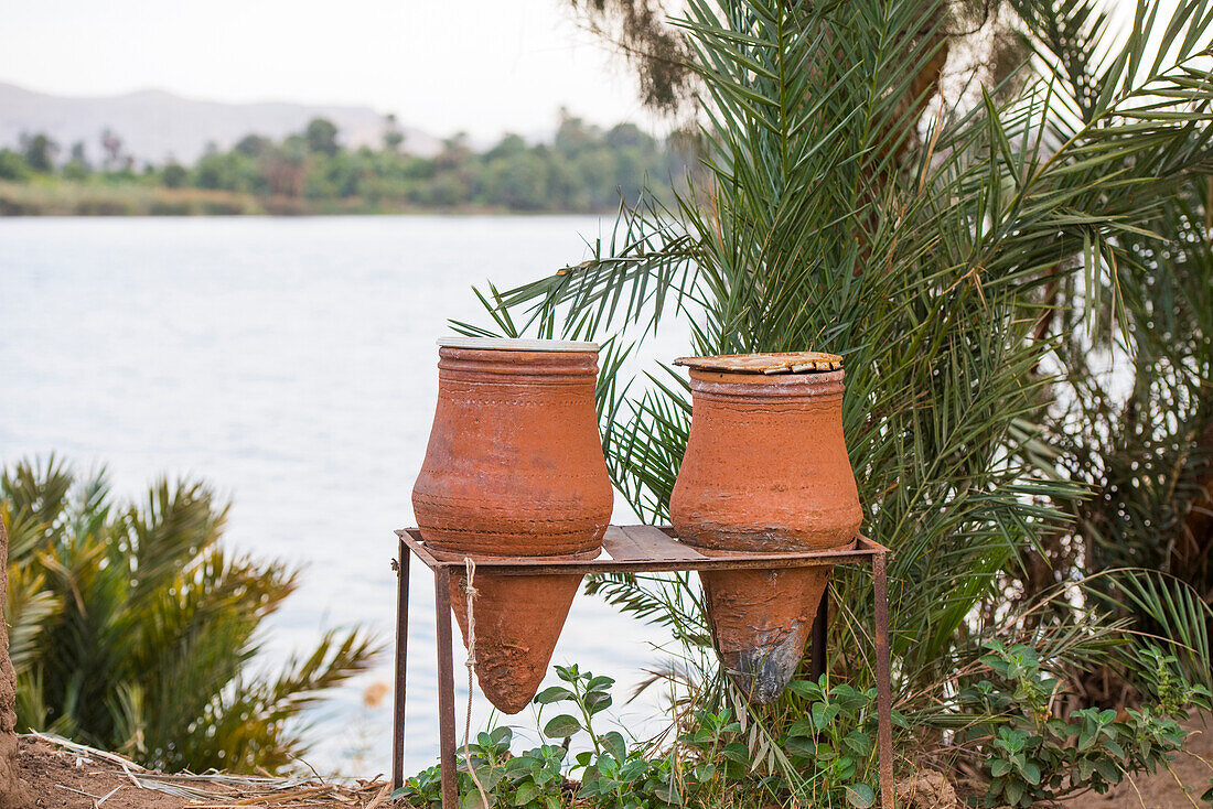 Jars filled with water made available for every one working in the fields, bank of the Nile near Esna, Egypt, Northeasthern Africa