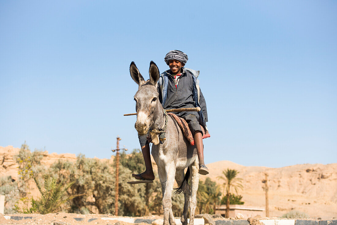 Boy on a donkey’s back near a village on the Nile near the Necropolis of El-Kab, on the eastern bank of the Nile, Egypt, Northeast Africa