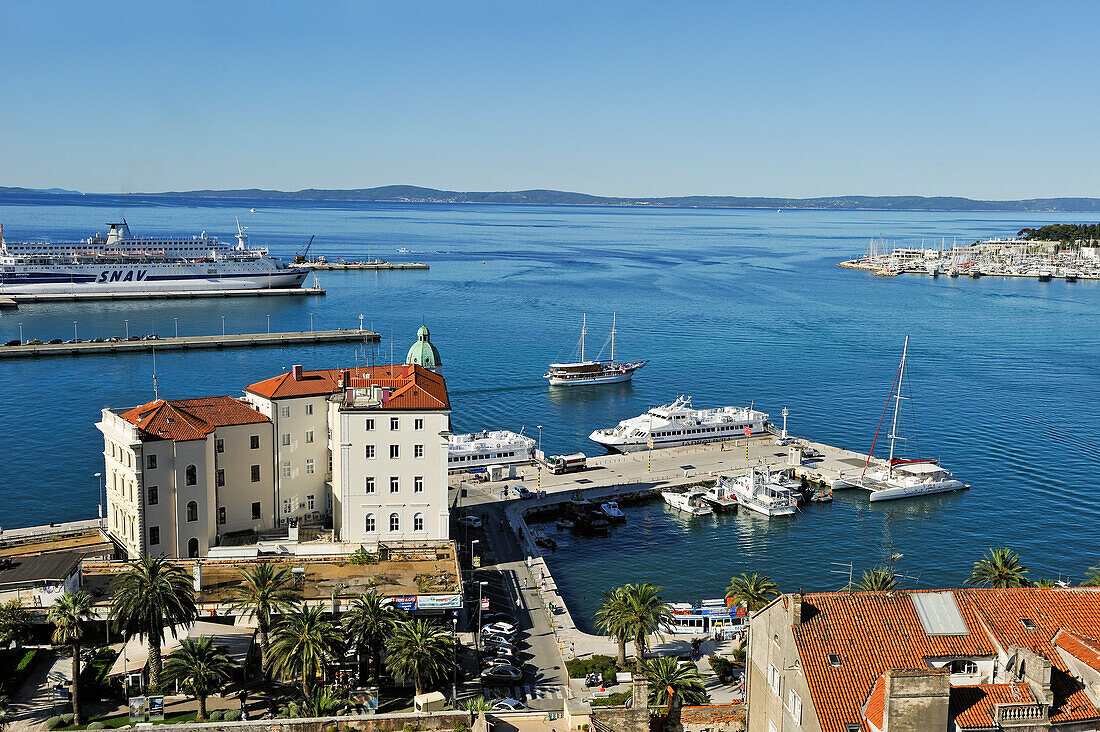 view of the ferry port from the bell tower of the Cathedral, Old Town, Split, Croatia, Southeast Europe