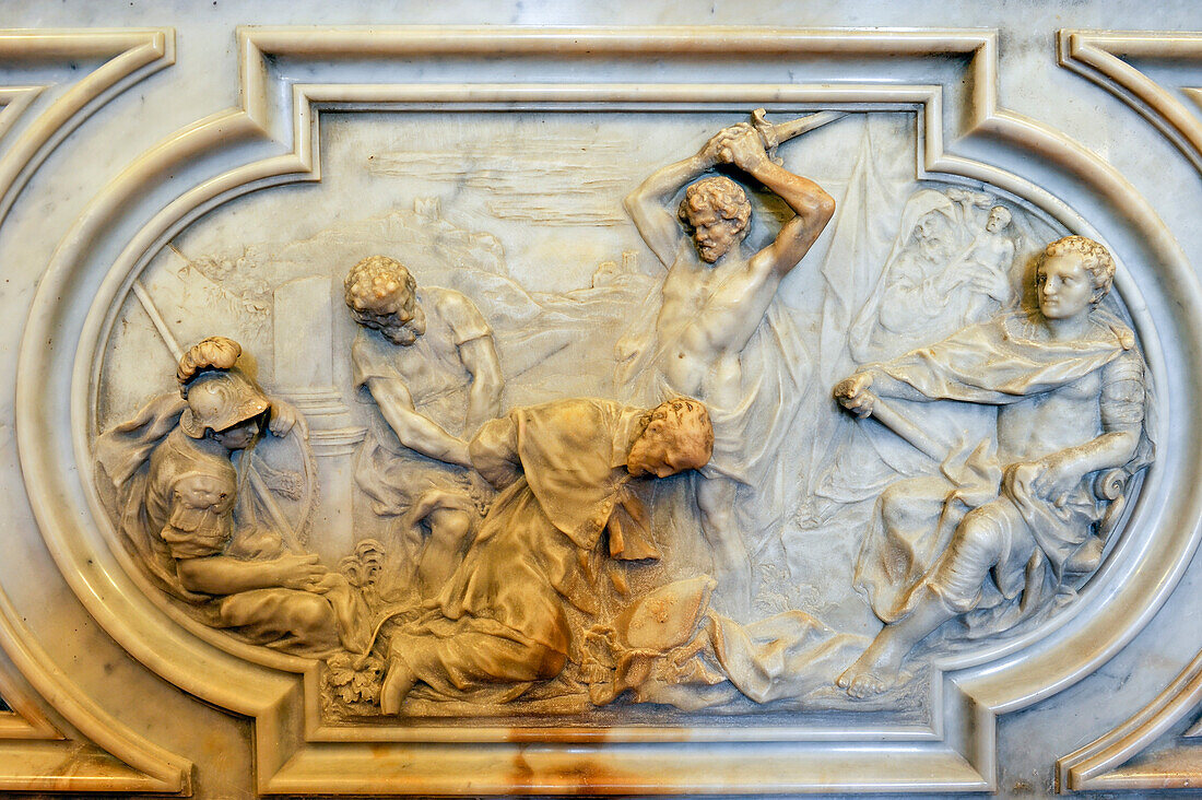 low relief of the northern chapel's altar depicting the decapitation of Saint-Domnius, first bishop of Salone, Cathedral of Saint Domnius, former Mausoleum of Diocletian, Diocletian's Palace, Old Town, Split, Croatia, Southeast Europe