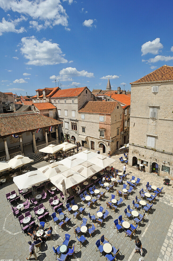 Ivana Pavla II square viewed from the bell tower of Cathedral of St. Lawrence, Trogir, near Split, Croatia, Southeast Europe