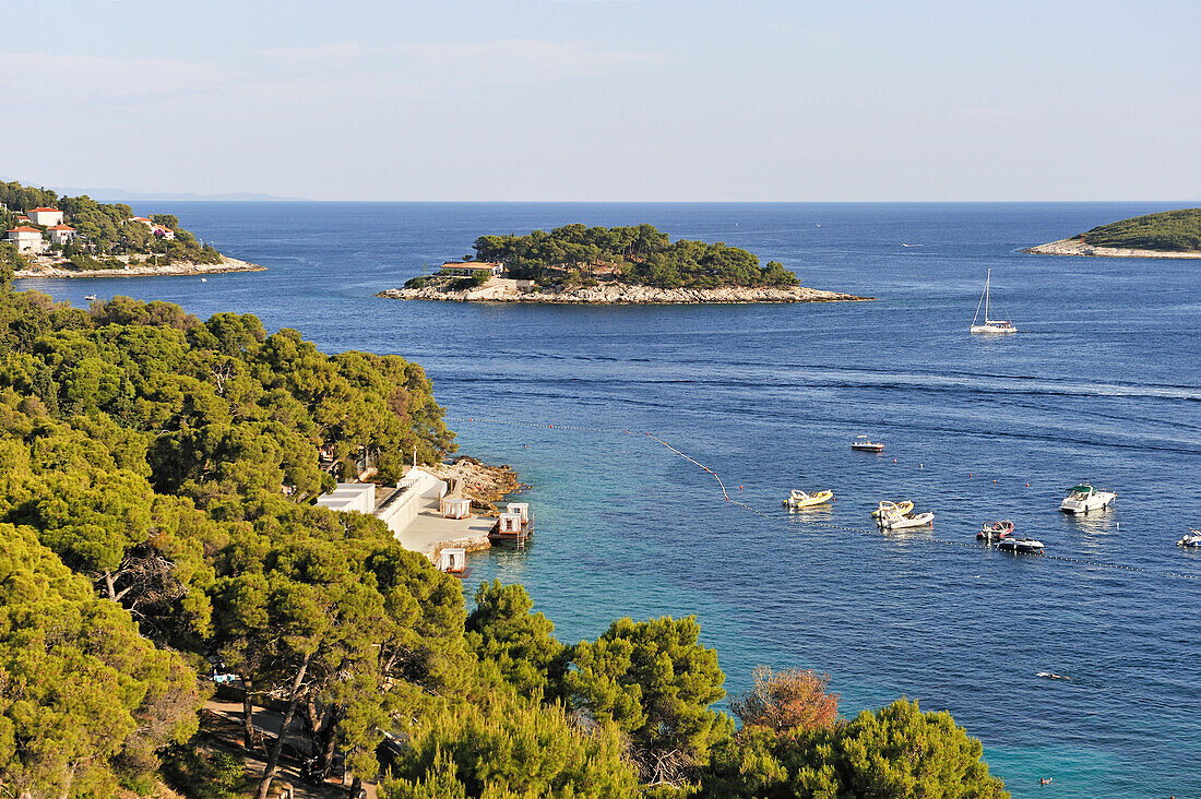 Galesnic at the entrance of the port of Hvar city, Hell's Islands (Pakleni),Hvar island, Croatia, Southeast Europe