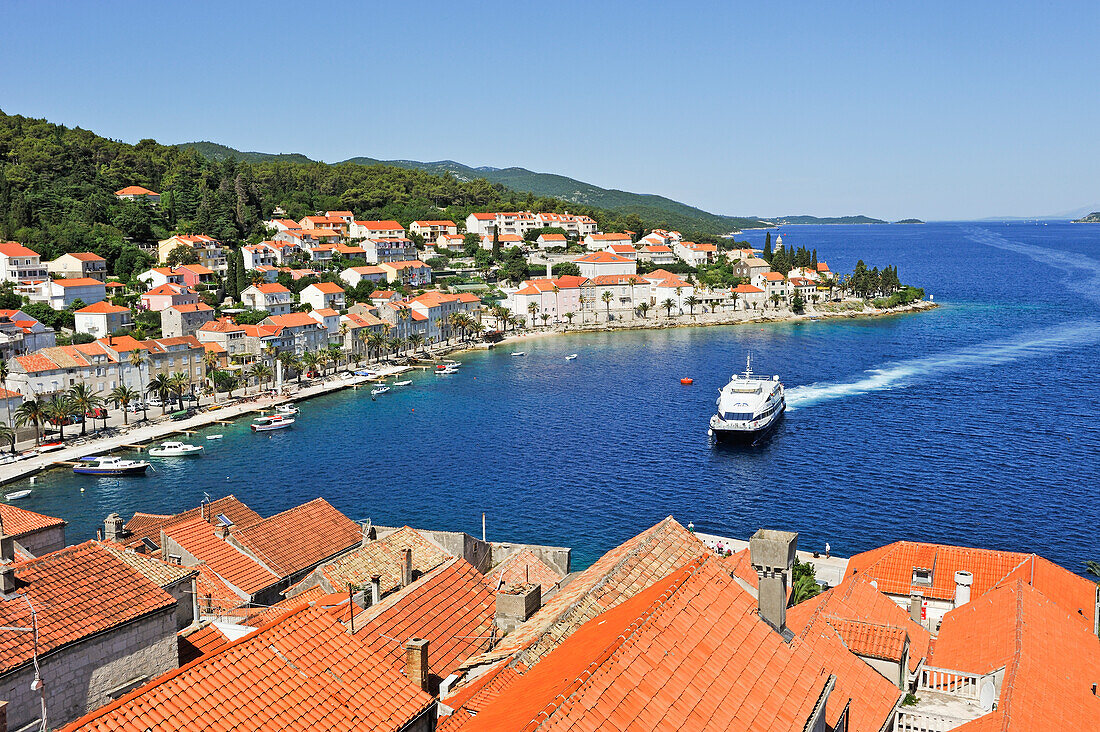 Blick auf Altstadt von Korcula vom Glockenturm der St.-Markus-Kathedrale aus gesehen, Insel Korcula, bei Dubrovnik, Dalmatien, Kroatien, Südosteuropa