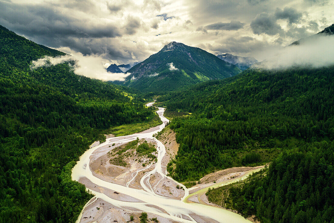  summer, aerial view, river, water, mountains, Bavaria, Germany, Europe 