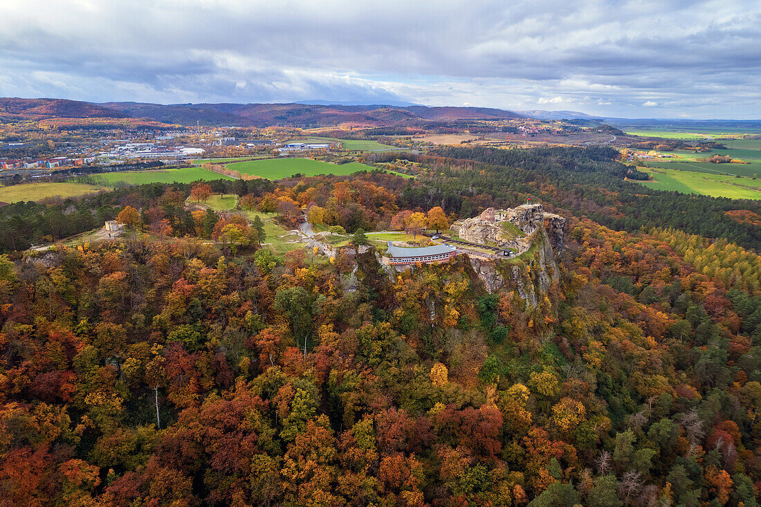  Autumn, aerial view, mountain, forest, Regenstein, Harz, Saxony-Anhalt, Germany, Europe 