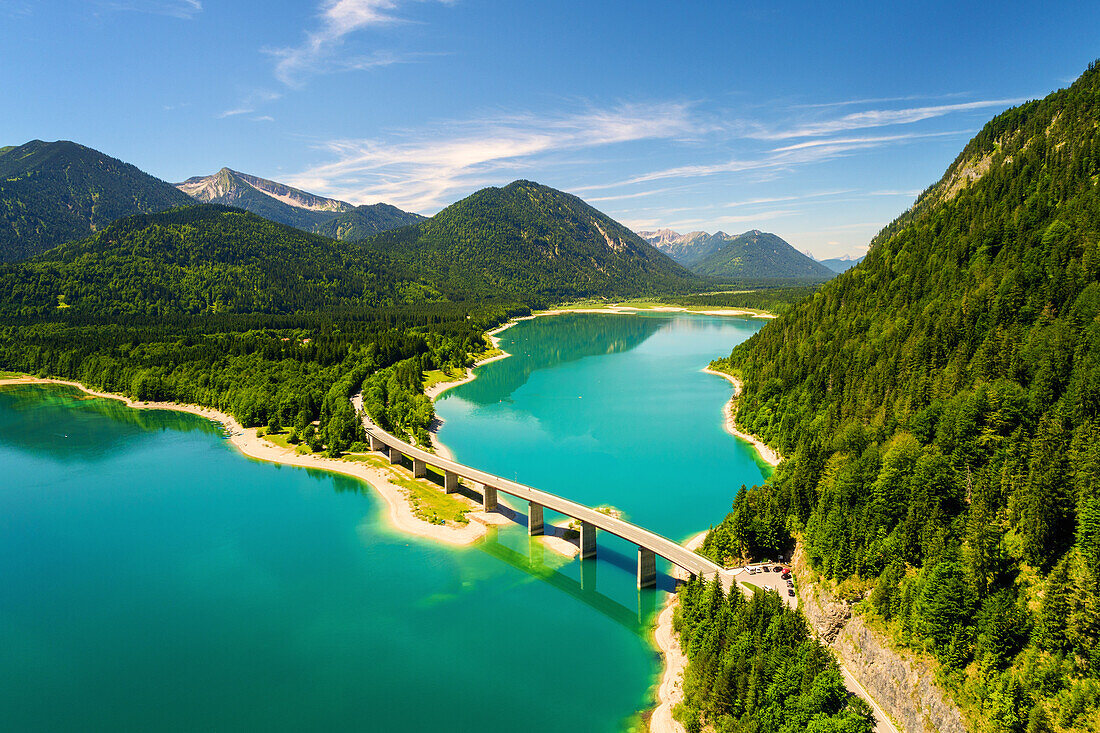  summer, aerial view, mountains, lake, Sylvenstein reservoir, forest, Bavaria, Germany, Europe 