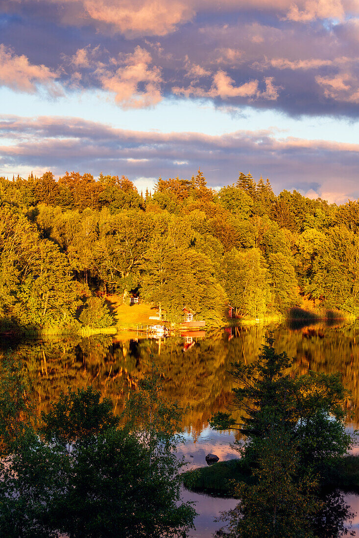  river, lake, reflection, hut, wooden hut, cabin, sunset, Sweden, Europe 