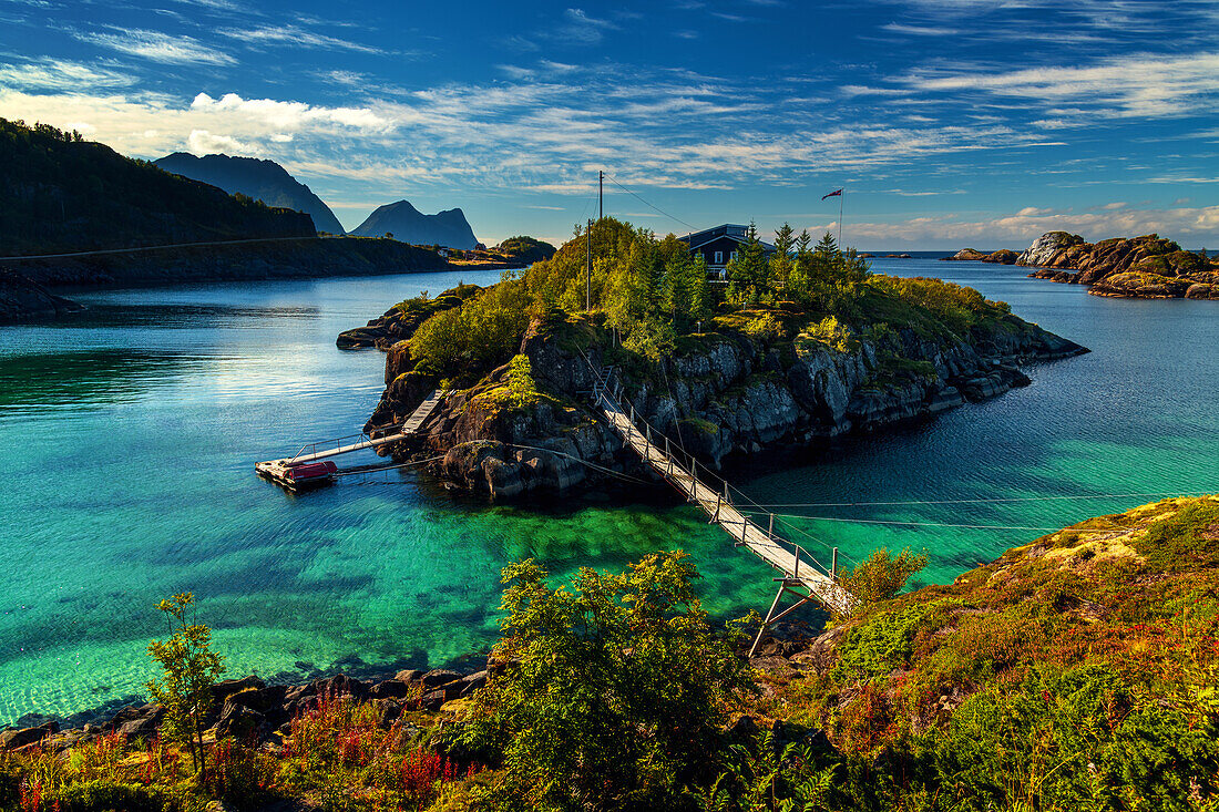  Summer, island, bridge, suspension bridge, coast, Hamn, fjord, Senja, Skaland, Norway, Europe 