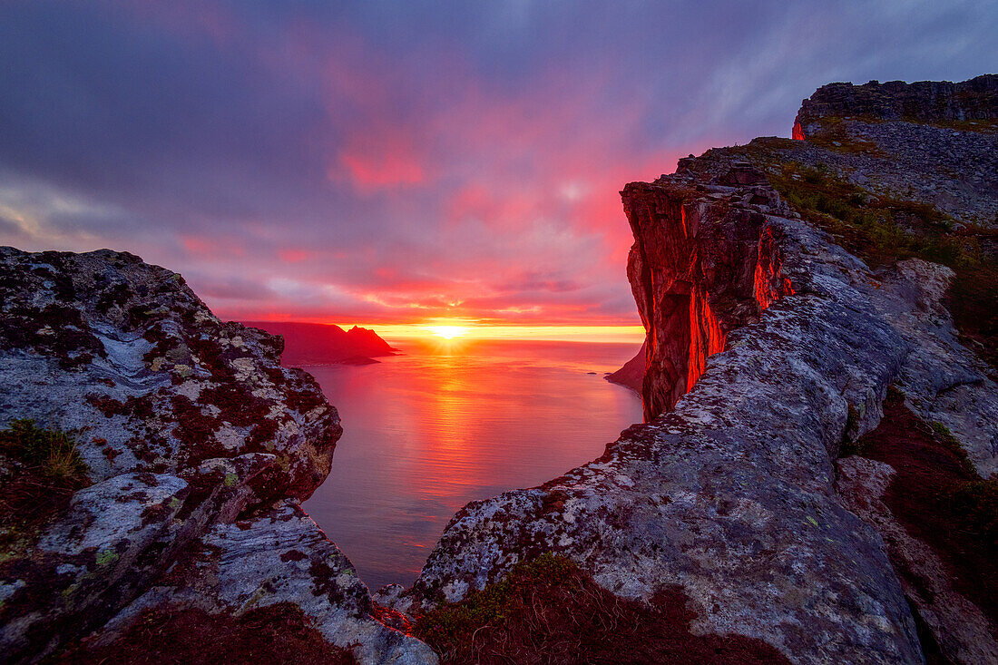  sunset, sun, reflection, mountains, fjord, Segla, Senja, Skaland, Norway, Europe 