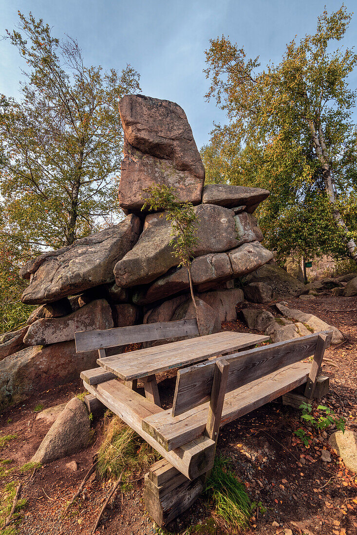 Trudenstein, Sonnenuntergang, Goldene Stunde, Klippe, Wald, Harz, Sachsen-Anhalt, Deutschland, Europa