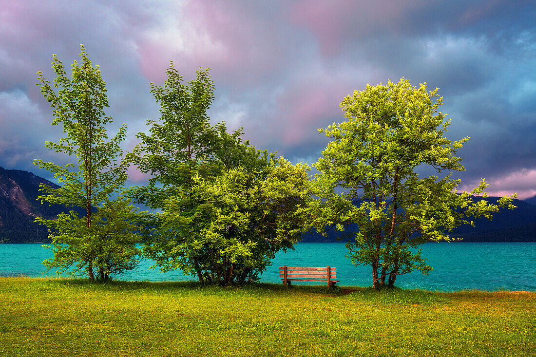  storm, sunset, lake, bank, Walchensee, mountains, Alps, Bavaria, Germany, Europe 