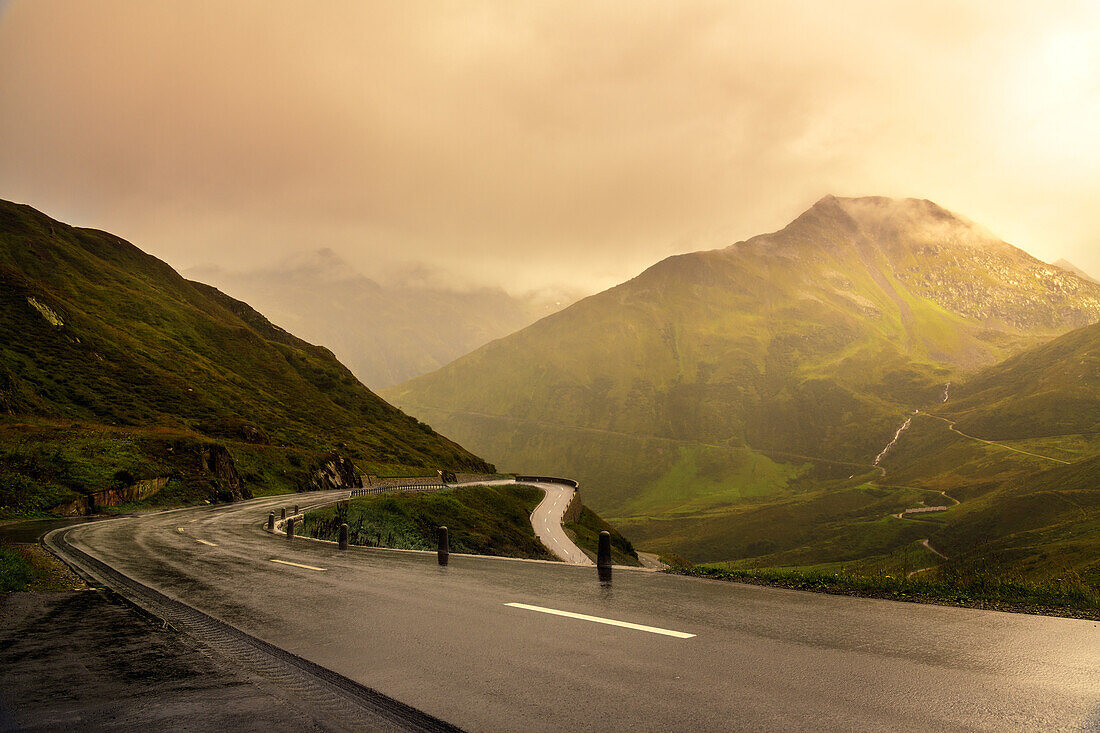  Furka Pass, pass, road, sunset, rain, Obergoms, mountains, Alps, Valais, Switzerland, Europe 