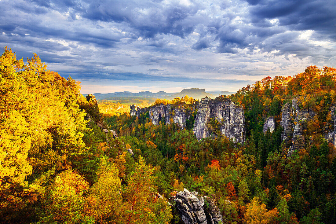  sunset, golden hour, cliffs, forest, Bastei, Saxon Switzerland, Saxony, Germany, Europe 