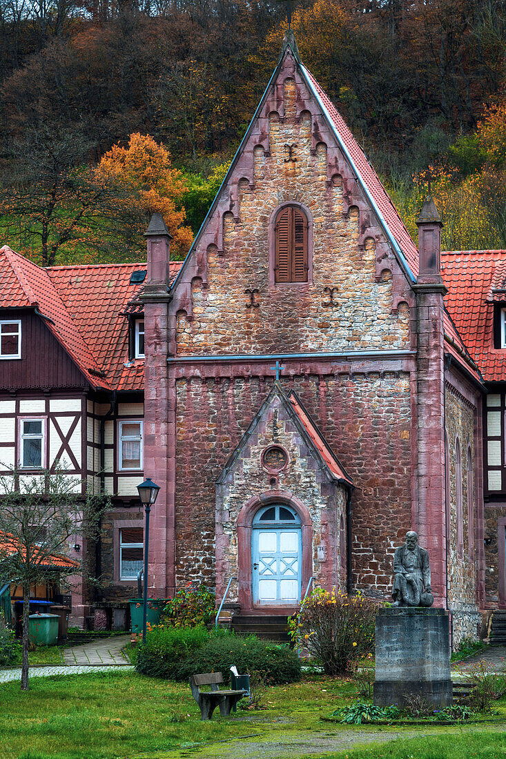  half-timbered house, chapel, rose garden, Stolberg, Harz, Saxony-Anhalt, Germany, Europe 