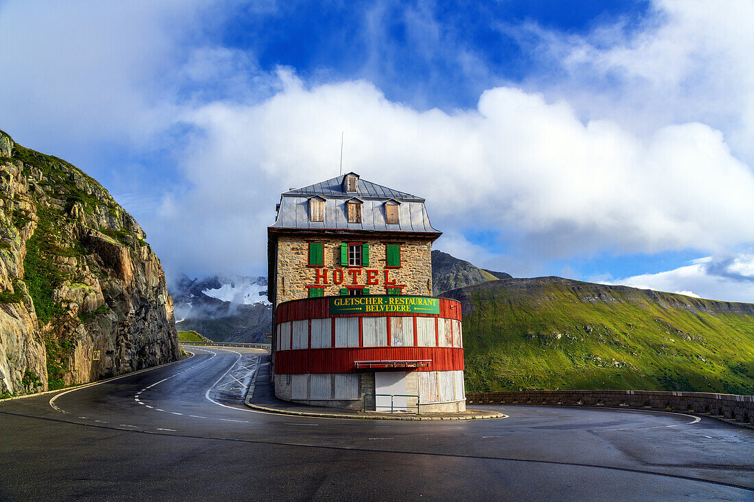 Furkapass, Pass, Strasse, Sonnenuntergang, Hotel, Belvedere, Obergoms, Berge, Alpen, Wallis, Schweiz, Europa