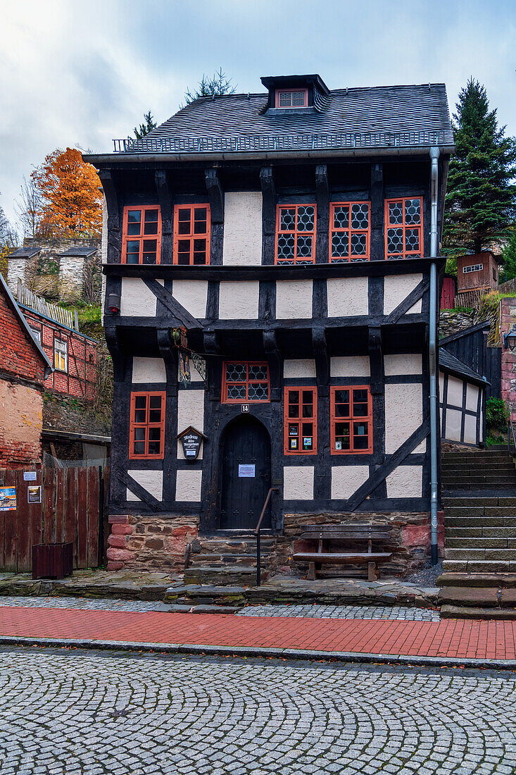  half-timbered house, chapel, street, Stolberg, Harz, Saxony-Anhalt, Germany, Europe 