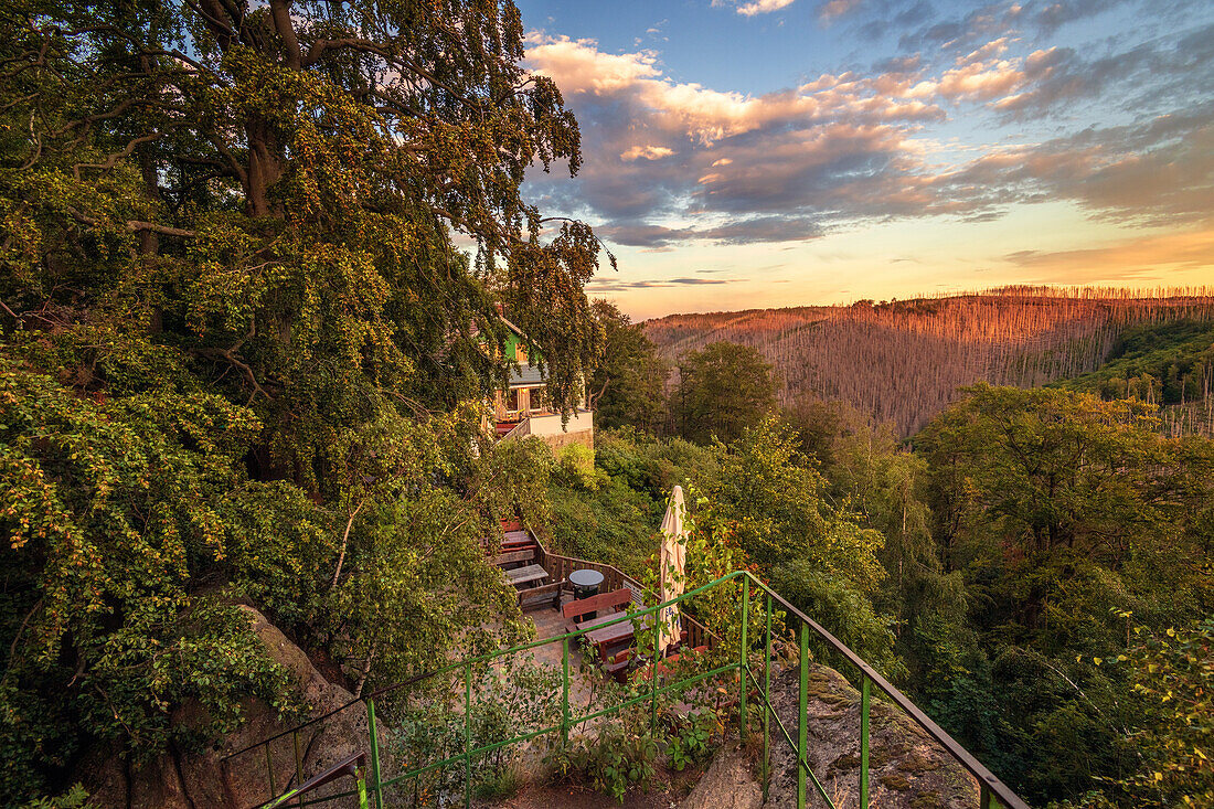 Gaststätte, Aussicht, Wanderweg, Sonnenuntergang, Rabenklippe, Harz, Niedersachsen, Deutschland, Europa