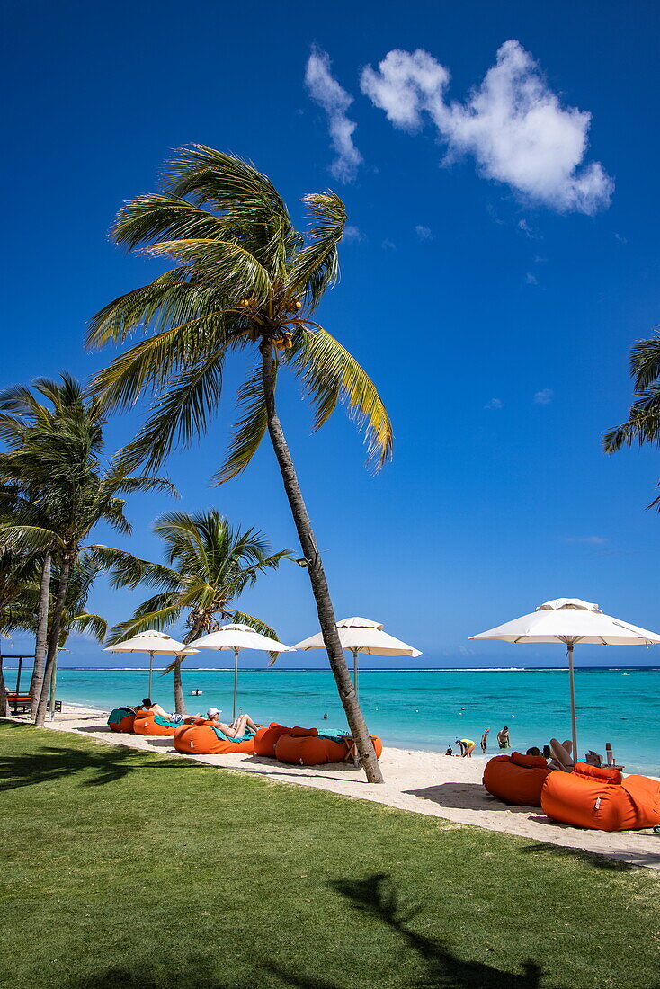 Kokospalmen und Sonnenschirme am Strand des Dinarobin Beachcomber Golf Resort & Spa, Le Morne, Rivière Noire, Insel Mauritius, Indischer Ozean