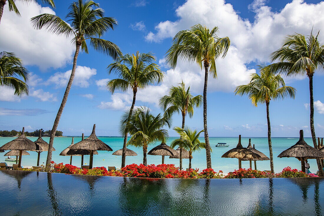  Swimming pool and thatched umbrellas with coconut palms at Royal Palms Beachcomber Luxury (Beachcomber Resorts), Grand Baie, Rivière du Rempart, Mauritius, Indian Ocean 