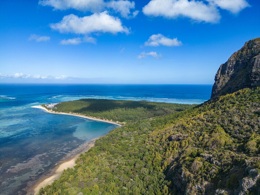  Aerial view of lagoon, headland and mountain Le Morne, Le Morne, Rivière Noire, Mauritius, Indian Ocean 