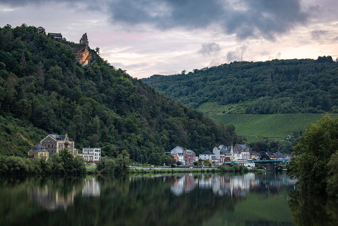  Village of Beilstein on the Moselle with Metternich Castle towering at dusk, Beilstein, Rhineland-Palatinate, Germany, Europe 