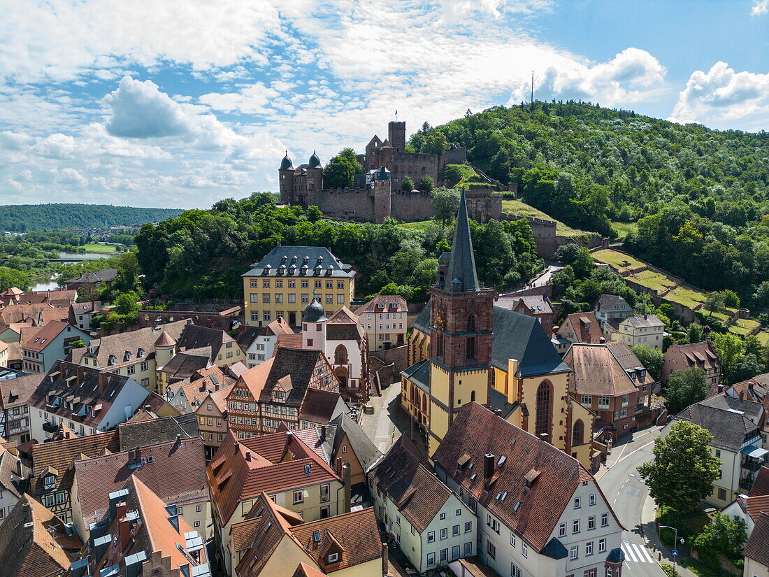  Aerial view of the old town with collegiate church and towering Wertheim Castle, Wertheim, Spessart-Mainland, Franconia, Baden-Württemberg, Germany, Europe 