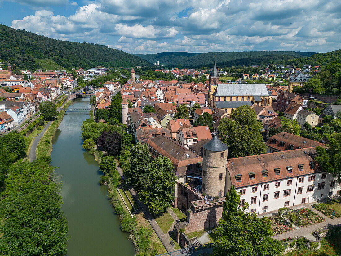  Aerial view of the Tauber river flowing gently past the old town, Wertheim, Spessart-Mainland, Franconia, Baden-Württemberg, Germany, Europe 