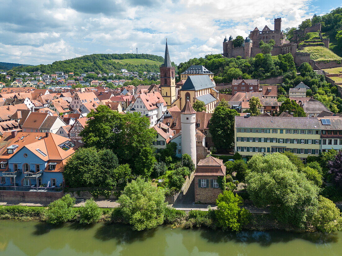  Aerial view of the Tauber river flowing gently past the old town with the Red Tower at the Faultor (Kittsteintor), the Collegiate Church and Wertheim Castle, Wertheim, Spessart mainland, Franconia, Baden-Württemberg, Germany, Europe 