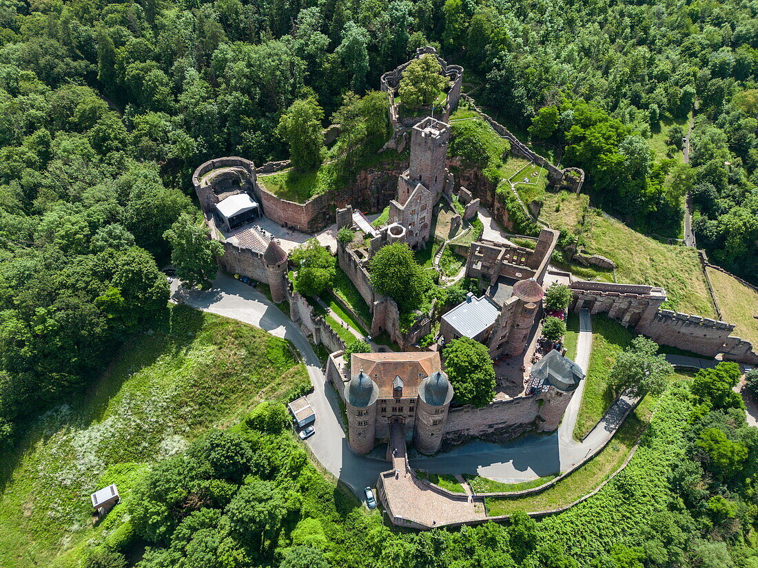  Aerial view of Wertheim Castle, Wertheim, Spessart mainland, Franconia, Baden-Württemberg, Germany, Europe 