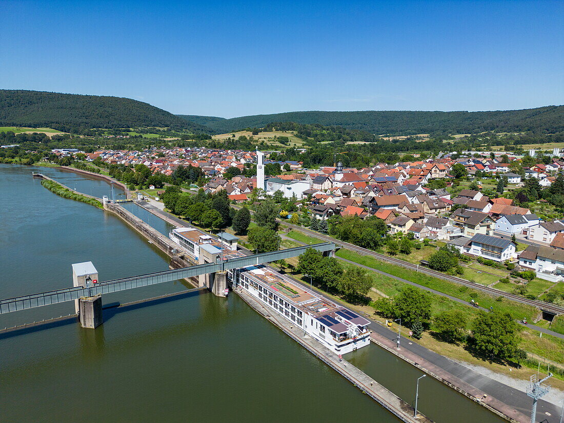  Aerial view of the river cruise ship Viking Vili (Viking Cruises) in the Faulbach am Main lock with town behind, Faulbach, Spessart-Mainland, Franconia, Bavaria, Germany, Europe 