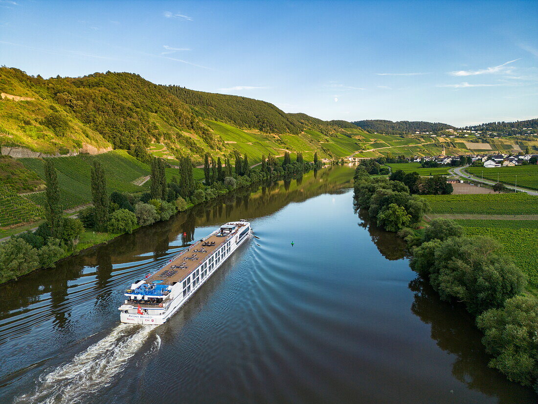 Luftaufnahme des Flusskreuzfahrtschiffs Antonio Bellucci (Thurgau Travel) auf der Mosel, Trittenheim, Rheinland-Pfalz, Deutschland, Europa