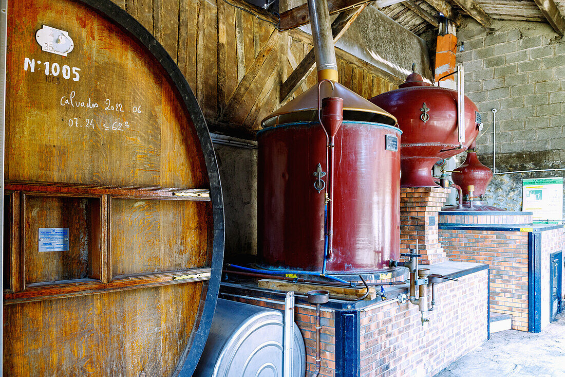 Holzfass mit Calvados und Destillieranlage mit zwei Brennkesseln für das doppelte Brennen von Branntwein in der Cidrerie des Manoir de Grandouet bei Cambremer im Pays d'Auge im Département Calvados in der Region Normandie in Frankreich