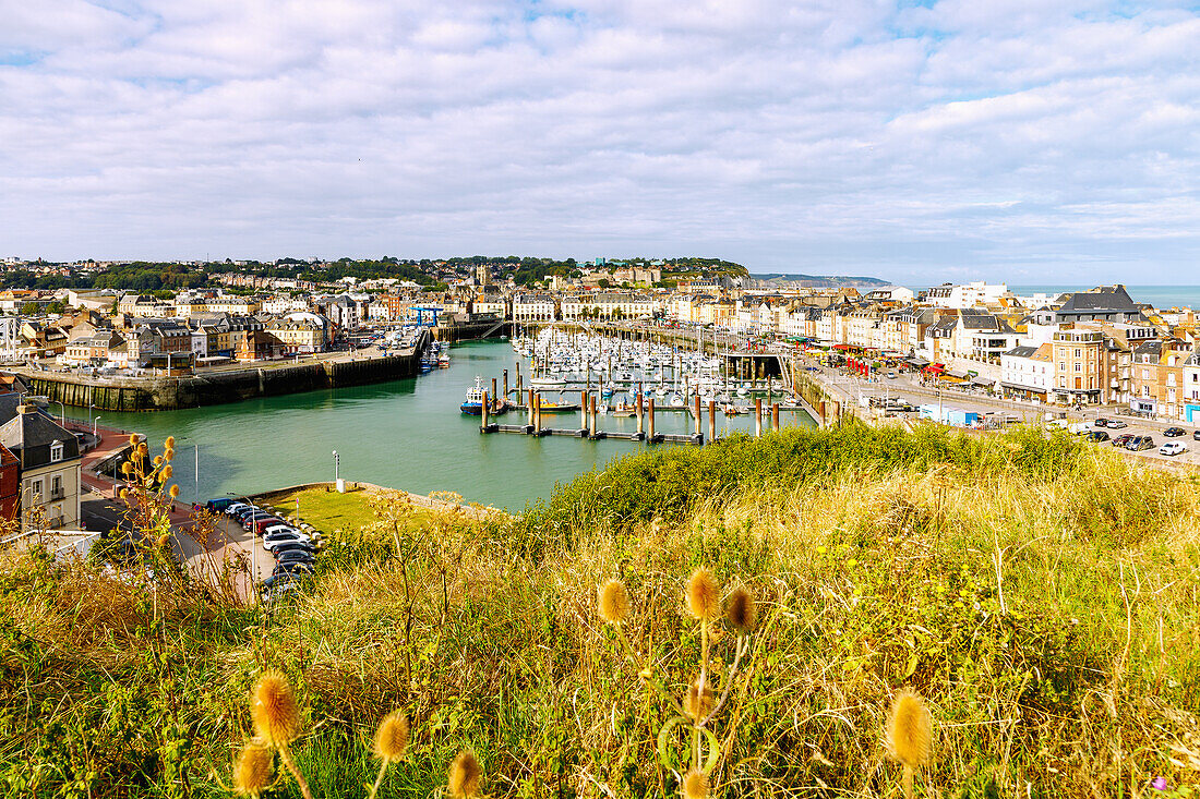  View of the Port Plaisance harbour from the Notre-Dame-de-Bonsecours pilgrimage chapel in Dieppe on the Alabaster Coast (Côte d&#39;Albâtre, Cote d&#39;Albatre) in the Seine-Maritime department in the Normandy region of France 