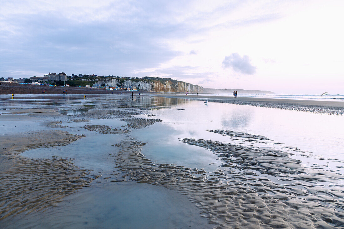  Beach at low tide with chalk cliffs and castle (Château de Dieppe) in Dieppe on the Alabaster Coast (Côte d&#39;Albâtre, Cote d&#39;Albatre) in the Seine-Maritime department in the Normandy region of France 