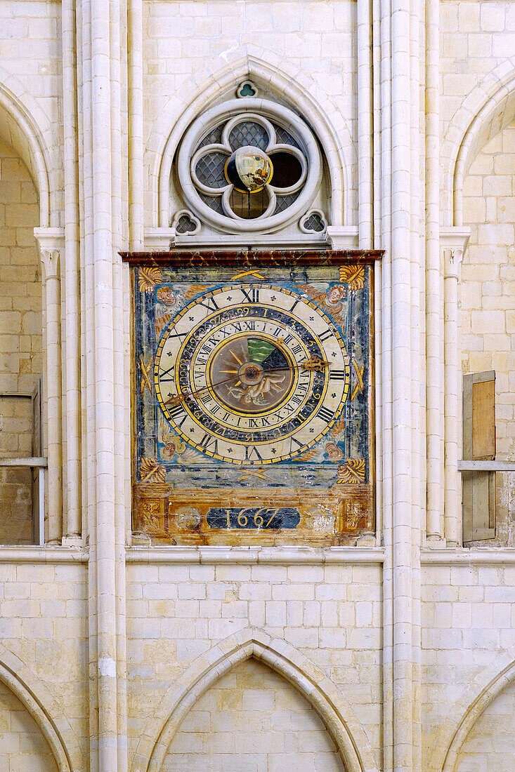  Historic clock with tide display in the church Abbatiale de la Sainte-Trinité (Ste-Trinite) in Fécamp (Fecamp) on the Alabaster Coast, (Côte d&#39;Albatre, Cote d&#39;Albatre) in Normandy in France 