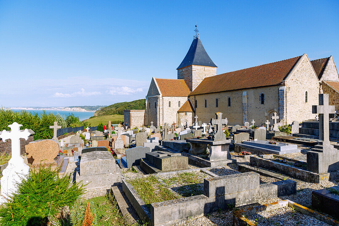  Artists&#39; cemetery Cimitière Marin with church Eglise Saint Valery (Église Saint-Valéry) in Varengeville-sur-Mer with a view of the Alabaster Coast (Côte d&#39;Albâtre, Cote d&#39;Albatre) in the Seine-Maritime department in the Normandy region of France 