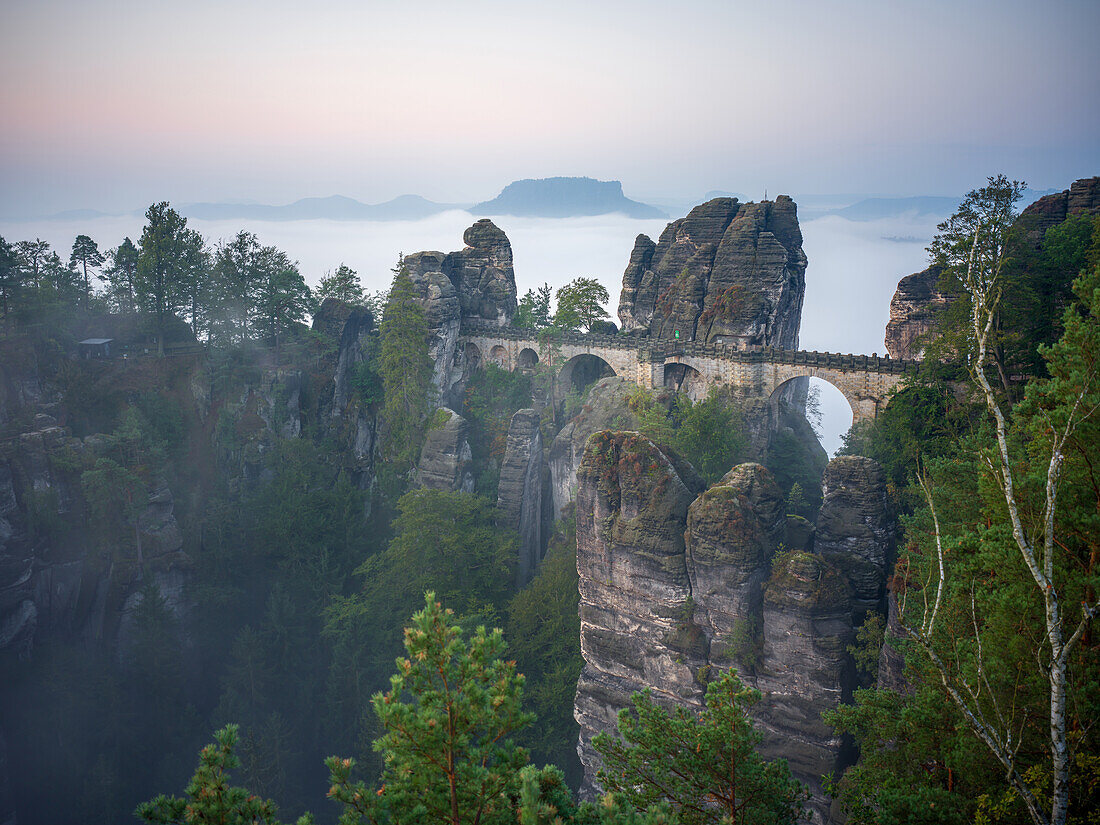 Basteibrücke und Lilienstein im Nebel, Bastei, Sächsische Schweiz, Elbsandsteingebirge, Sachsen, Deutschland, Europa