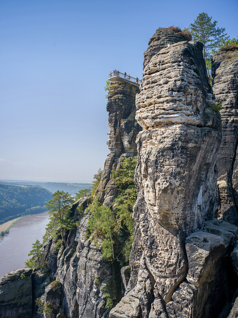  View of the Bastei Skywalk and the Elbe, Bastei, Saxon Switzerland, Elbe Sandstone Mountains, Saxony, Germany, Europe 