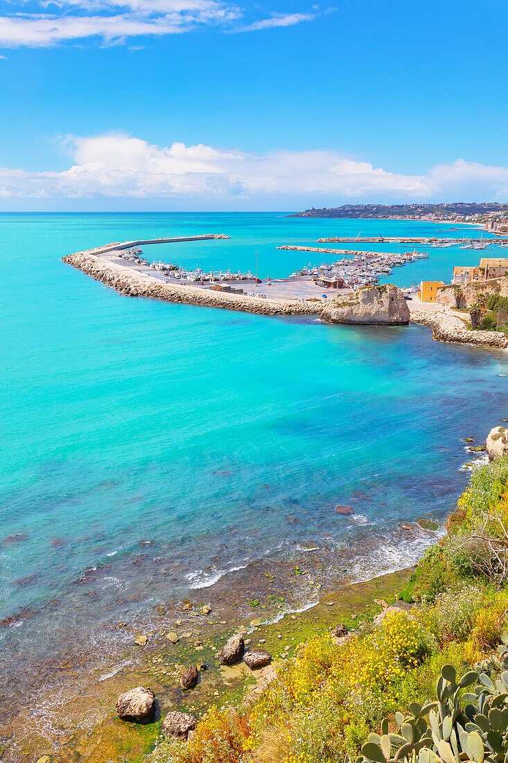 Sciacca harbour and coastline, elevated view, Sciacca, Agrigento district, Sicily, Italy