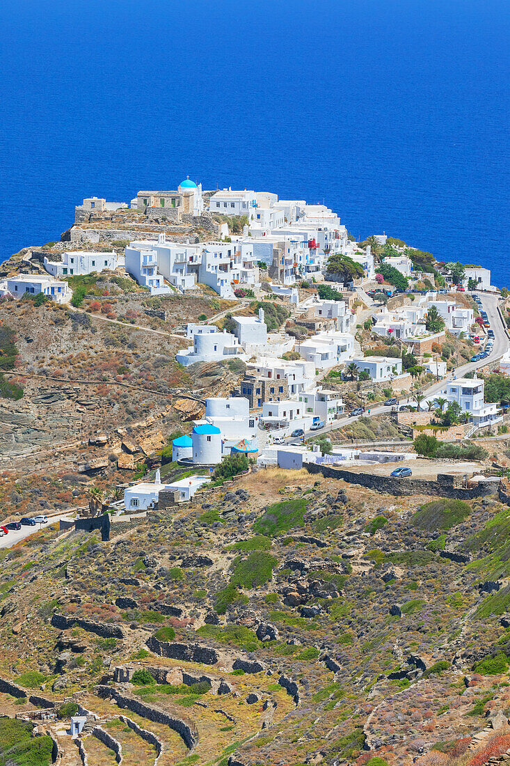 View over the hilltop village of Kastro, Kastro, Sifnos Island, Cyclades Islands, Greece