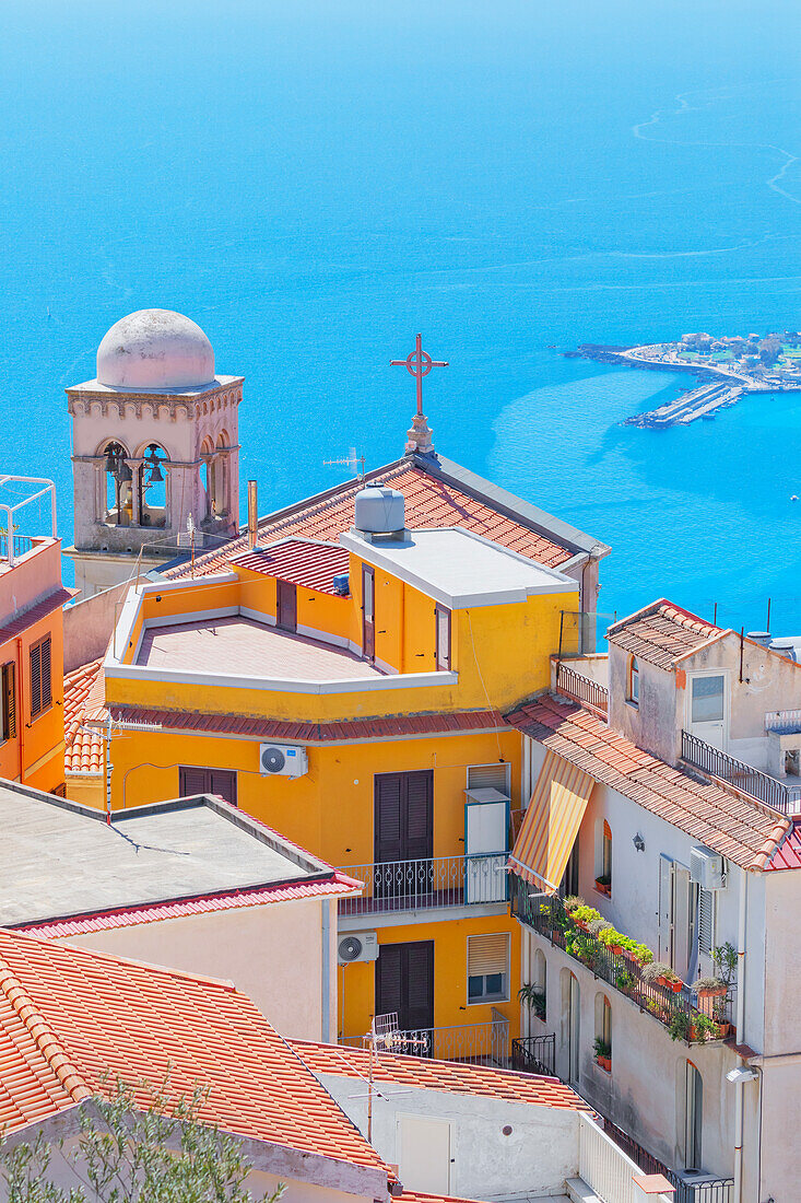 View of Castelmola village and the Ionian coast, Castelmola, Taormina, Sicily, Italy