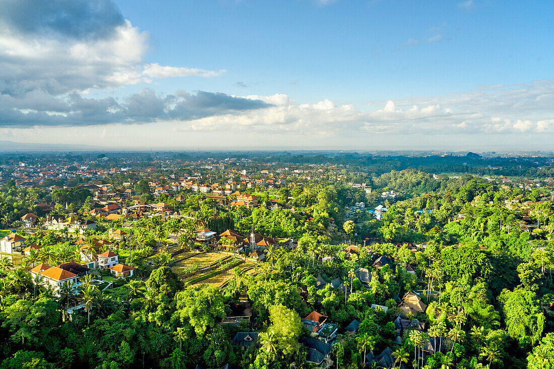 Aerial view of Ubud town near the Campuhan Ridge Walk. Bali, Indonesia.