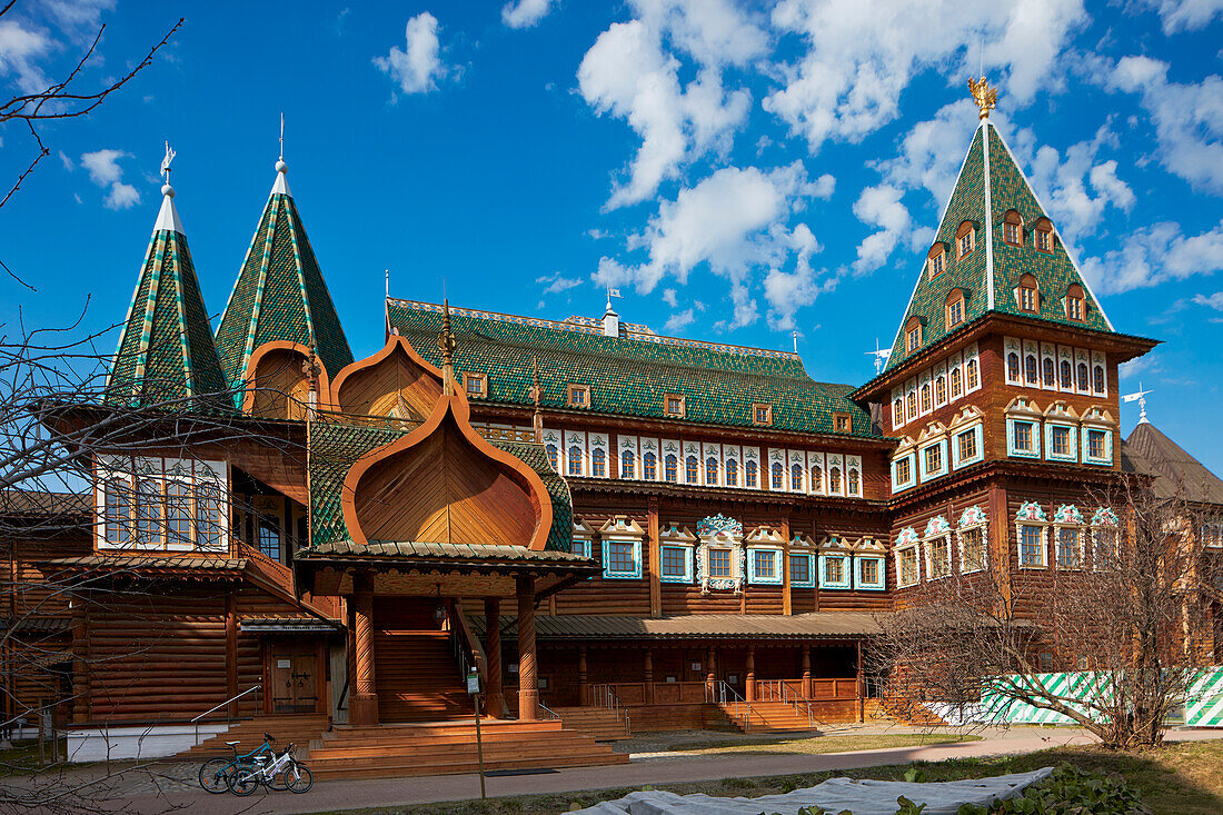 Exterior view of the Wooden Palace of Tsar Alexei Mikhailovich in Kolomenskoye Museum Reserve. Moscow, Russia.