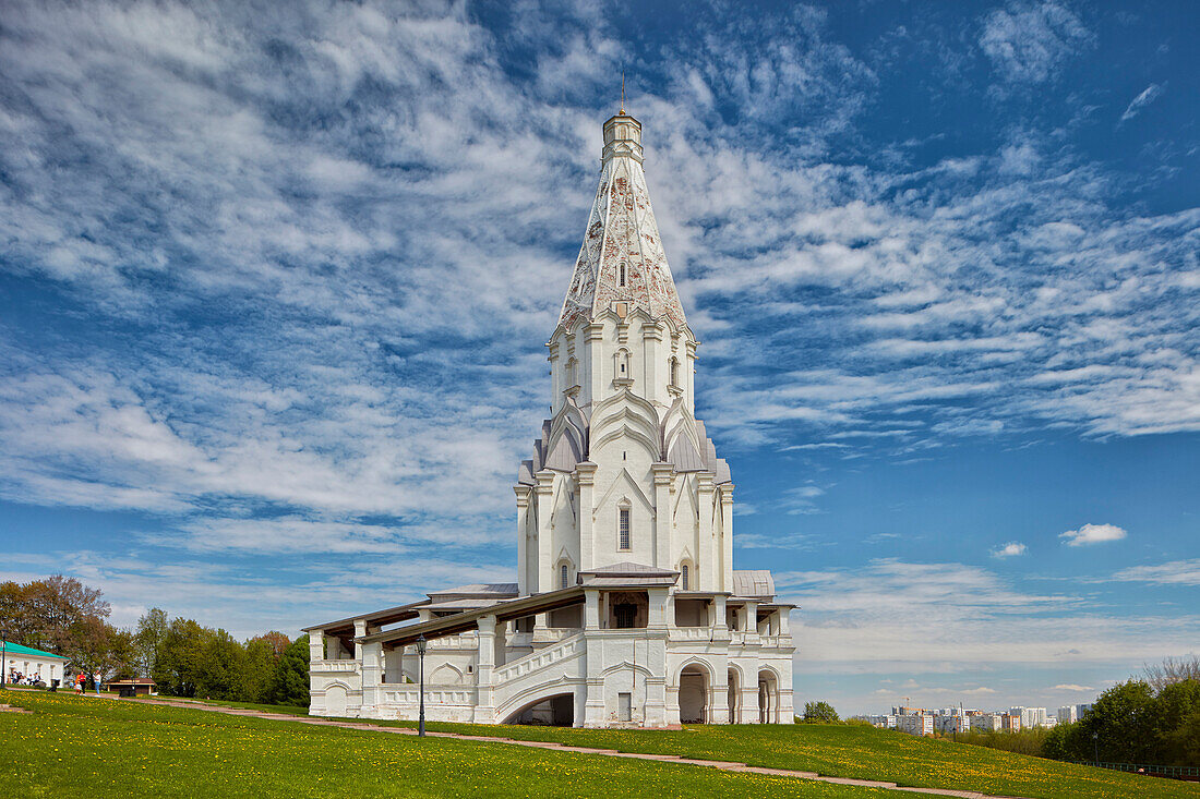 Exterior view of the Church of the Ascension (built 1528-1532) with uncommon tented roof in Kolomenskoye Museum Reserve. Moscow, Russia.