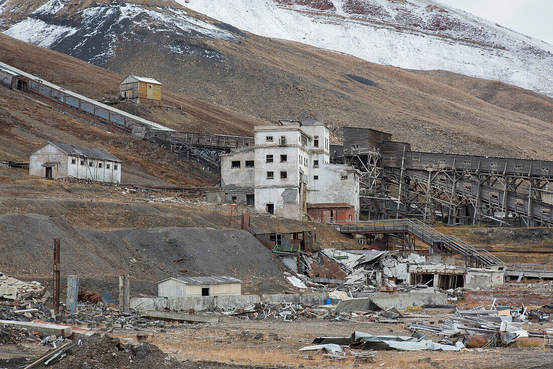  View of the abandoned Russian village of Pyramiden, Svalbard, Spitsbergen, Norway 