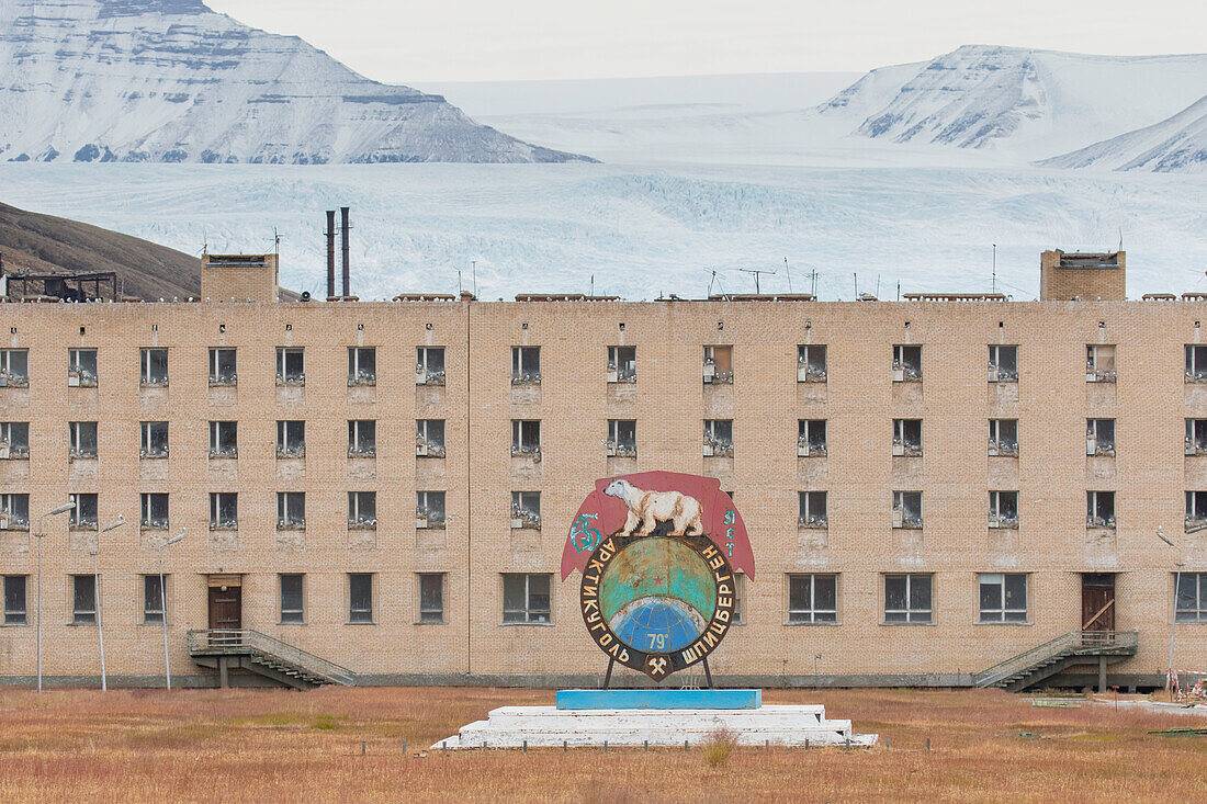  View of the abandoned Russian village of Pyramiden, Svalbard, Spitsbergen, Norway 