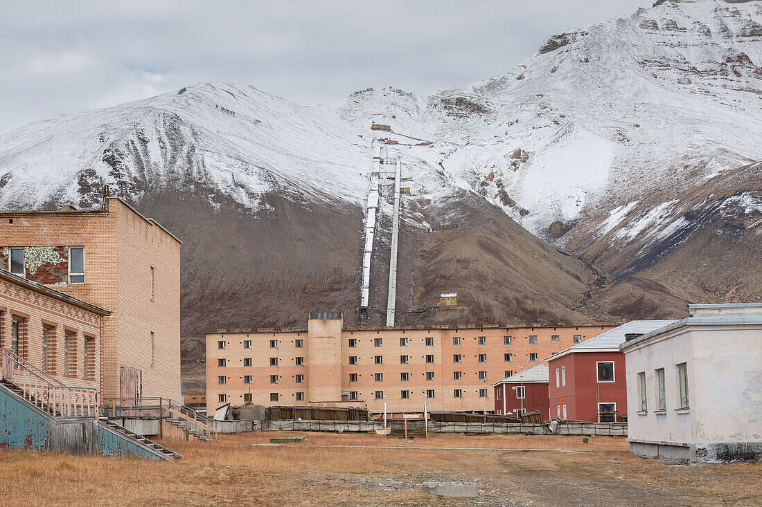  View of the abandoned Russian village of Pyramiden, Svalbard, Spitsbergen, Norway 