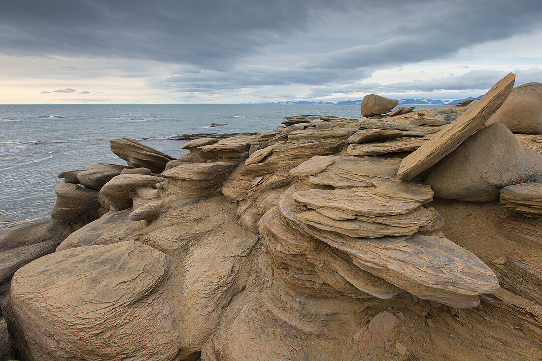  Sandstone cliffs near Boltodden, Kvalvagen, Spitsbergen, Norway 