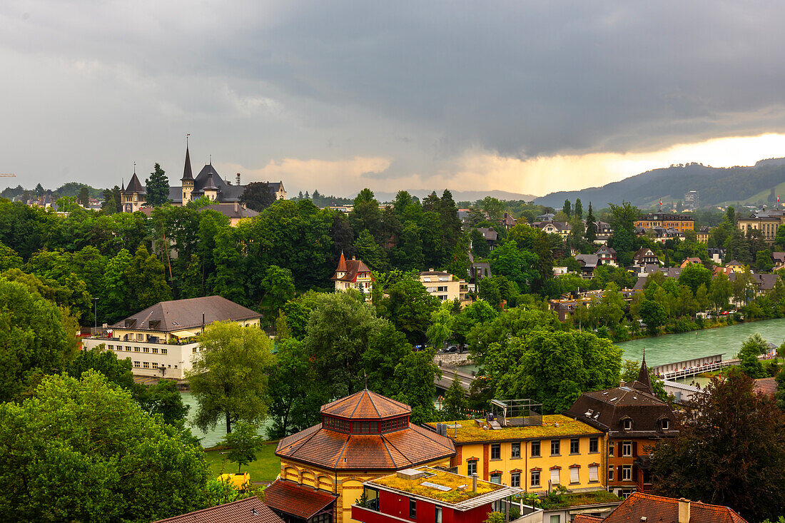 Beautiful Cityscape with Forest and River Aare in a Rainy Day with Overcast Sky in Bern, Canton Bern, Switzerland.