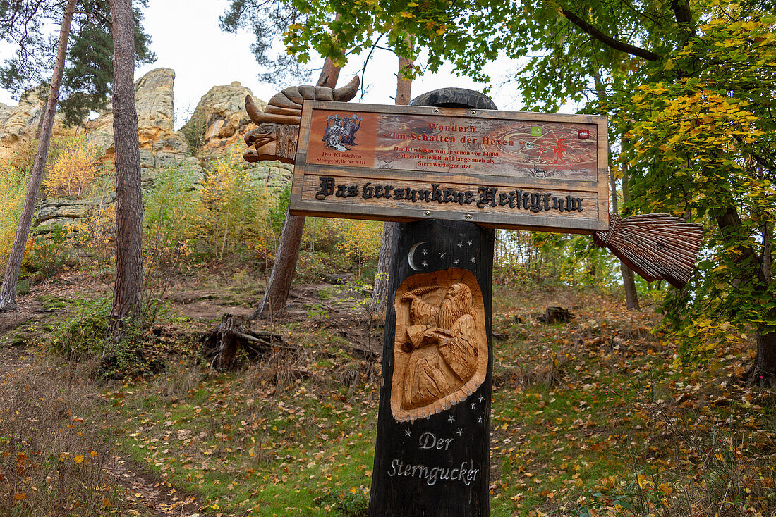  Sign at the Klusfelsen, sandstone formation in the Klusbergen, once served as an observatory and hermitage, Halberstadt, Saxony-Anhalt, Germany 